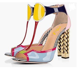 FSJ Multicolored Gold Metal Chain Thick High Heel Sandal